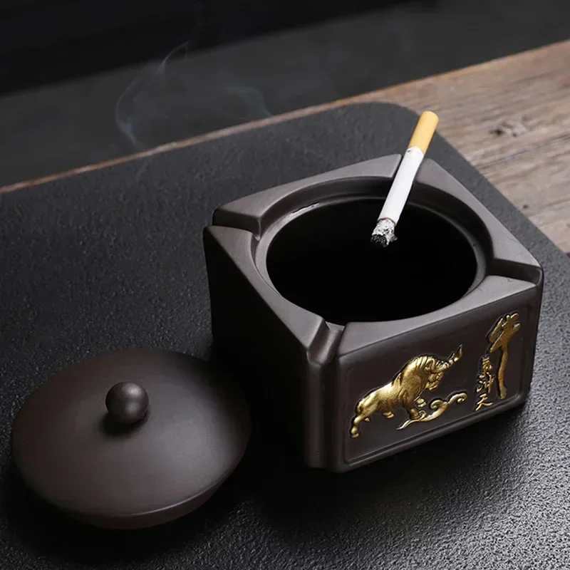 Retro purple sand bullish soaring ashtray with lid home living room coffee table decorations anti-ash flying creative smoke cup