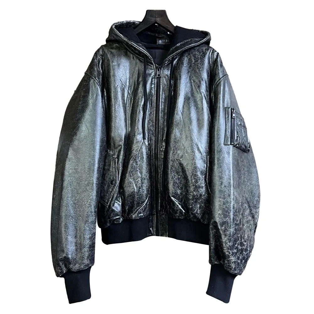 NIGO Solid Black Zipper Hooded Aviator Jacket Coat Loose Men and Women Fashion Reversible Hooded Leather Jacket #nigo6258