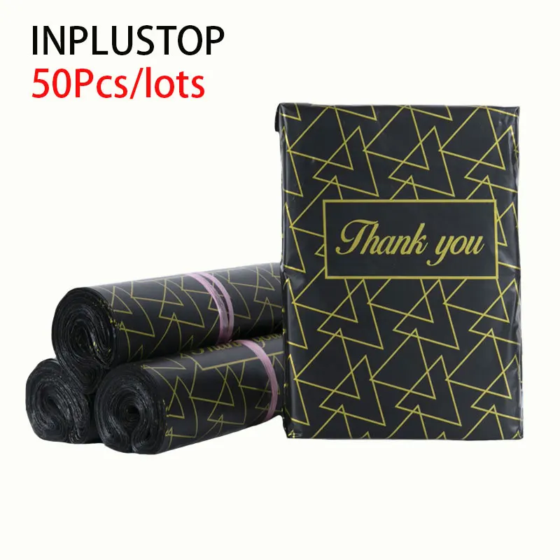 

INPLUSTOP 50Pcs Black Clothing Transport Express Bags THANK YOU Printing Envelope Mailling Courier Delivery Packaging Parcel Bag