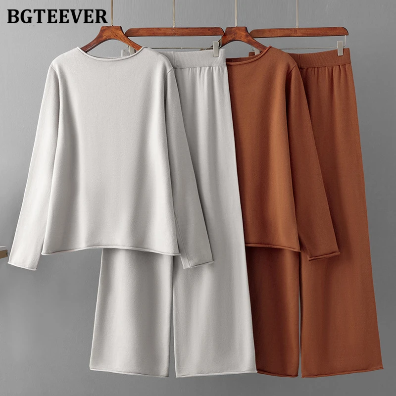 BGTEEVER Autumn Winter Casual Ladies 2 Pieces Sweater Outfits Long Sleeve O-neck Knitted Pullovers & High Waist Wide Leg Pants