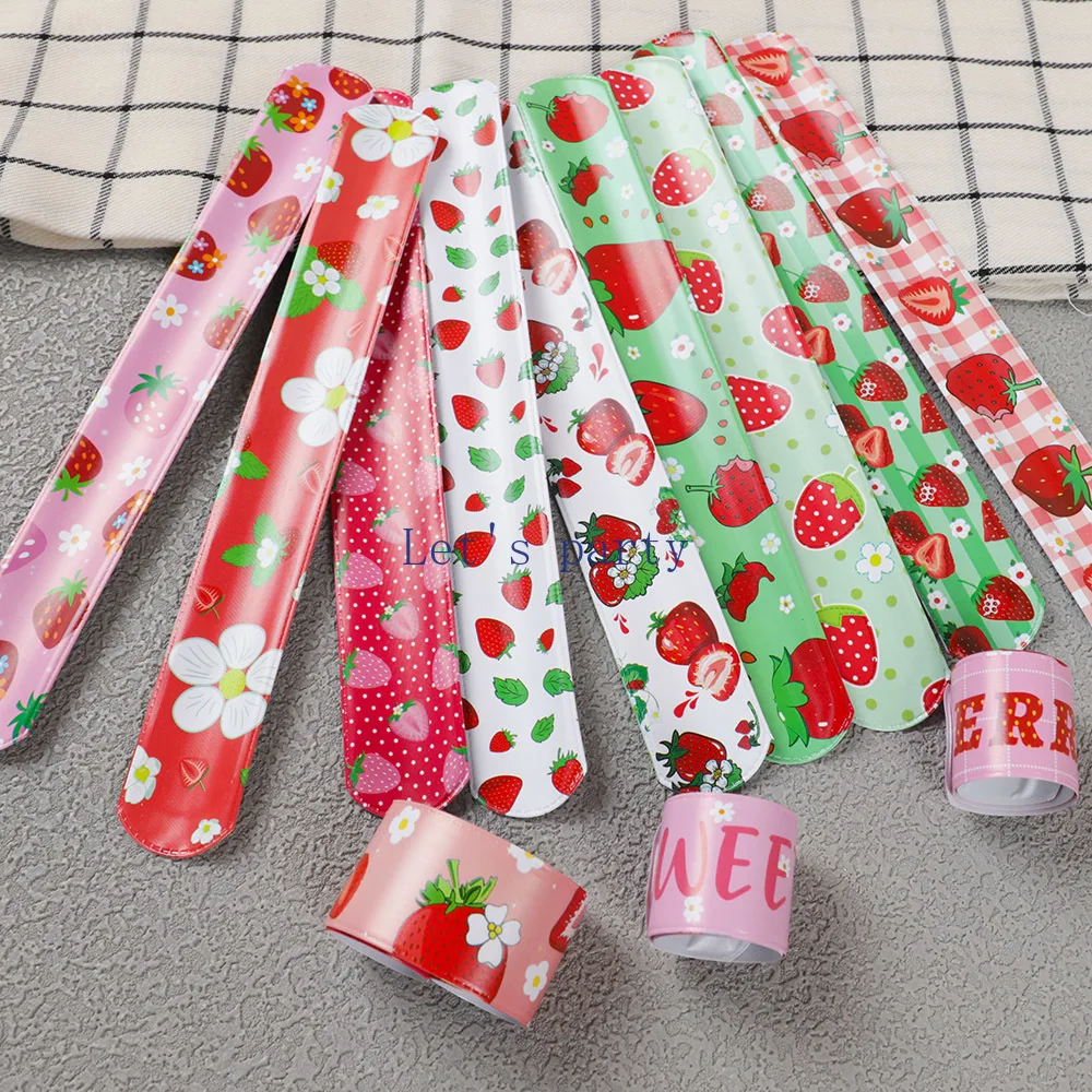 12Pc Sweet Strawberry Theme Slap Bracelets Toy for Kids Girl Summer Fruit Theme Birthday Party Favors Baby Shower Pinata Fillers