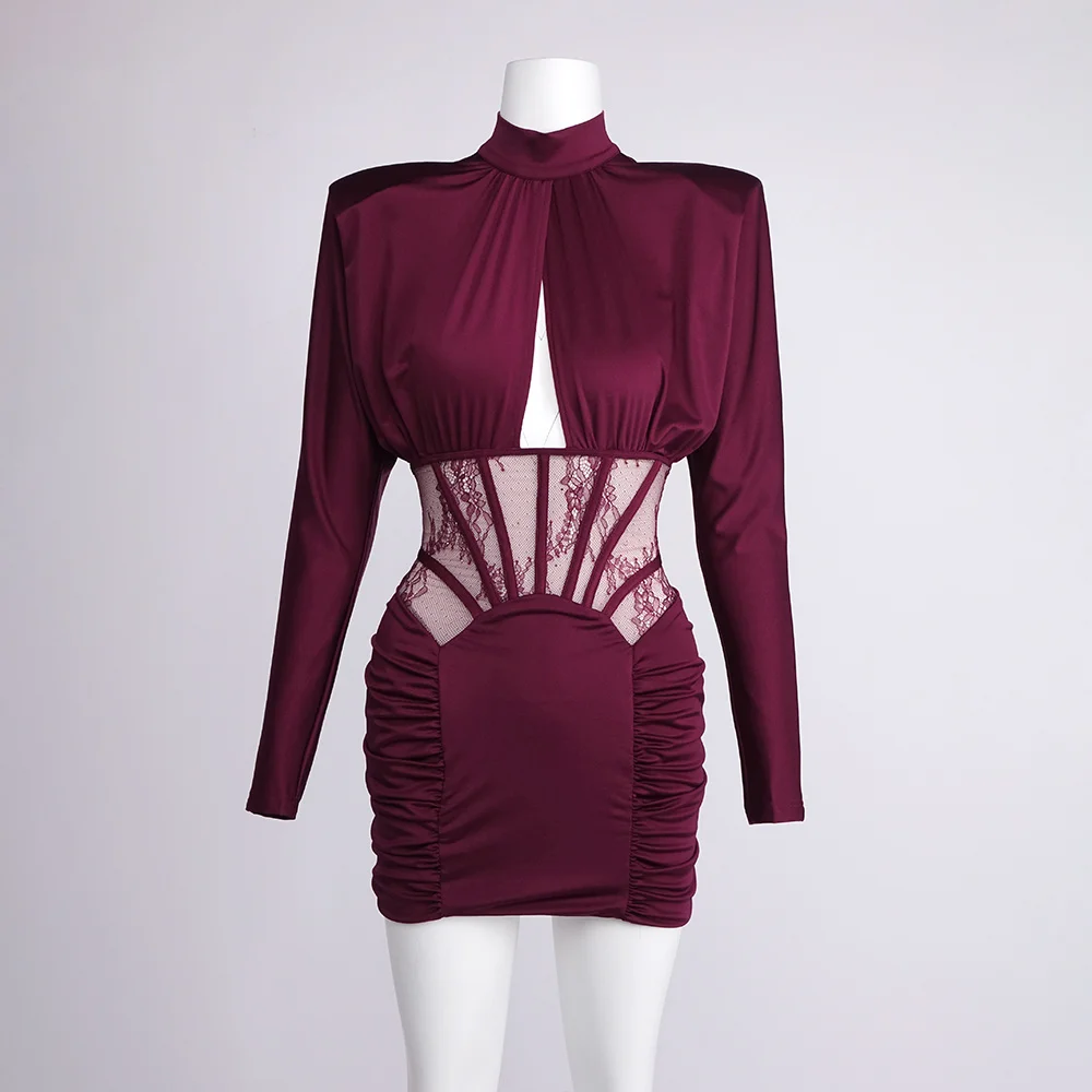여성 우아한 생일 드레스 버건디 긴 소매 컷아웃 바디콘 미니 정장 이브닝 파티 드레스 졸업 드레스