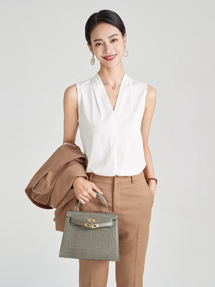 

OL Sle White Svel irt Women's Suit Set Inner Wear Commute Faion Vest Top Straight Cut Polyester Fiber V-Ne