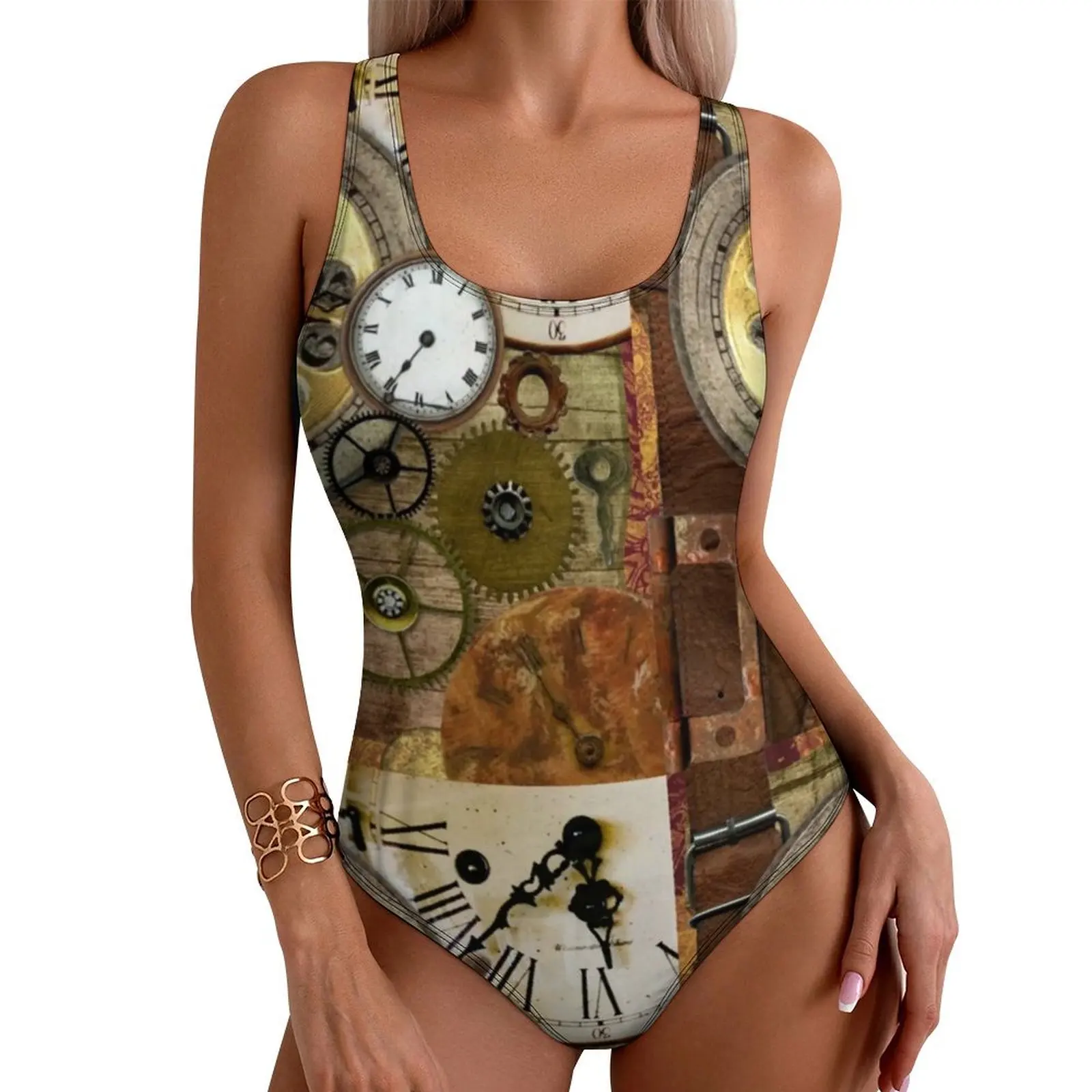التروس Steampunk ملابس السباحة البخار الشرير الرقبة التمساح ساعة رفع ملابس السباحة قطعة واحدة تصفح ثوب السباحة المايوه مثير بحر #1