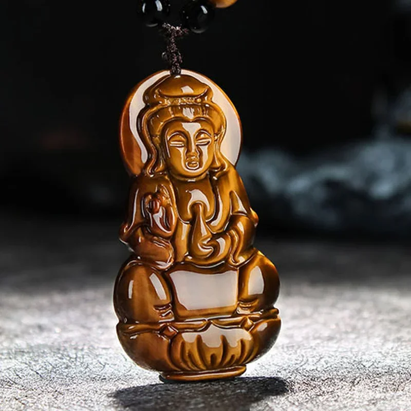 Chinese Natural Tiger-Eye Stone Guanyin Pendant Necklace Jewellery Hand-Carved Relax Healing Women Man Luck Gift Free Rope