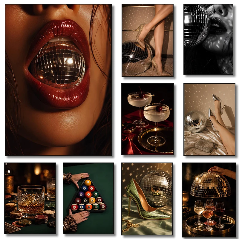 Luxury Fashion Disco Ball Glam Heels Poster Pop Glam Nightlife Billiard Prints Canvas Painting Wall Art Pictures Home Room Decor
