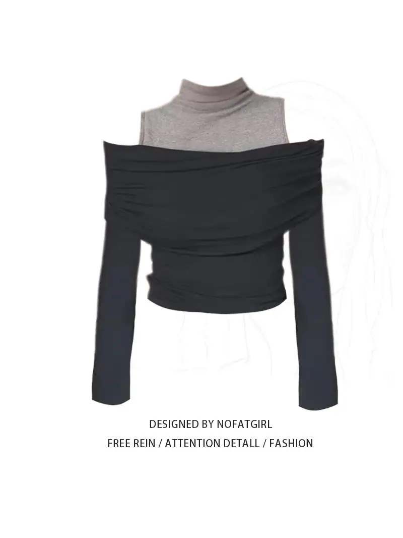 

plus Size Faionable Korean Sle Long Sve oulder Bared Design Sensation Women's Autumn Winter Base irt Top