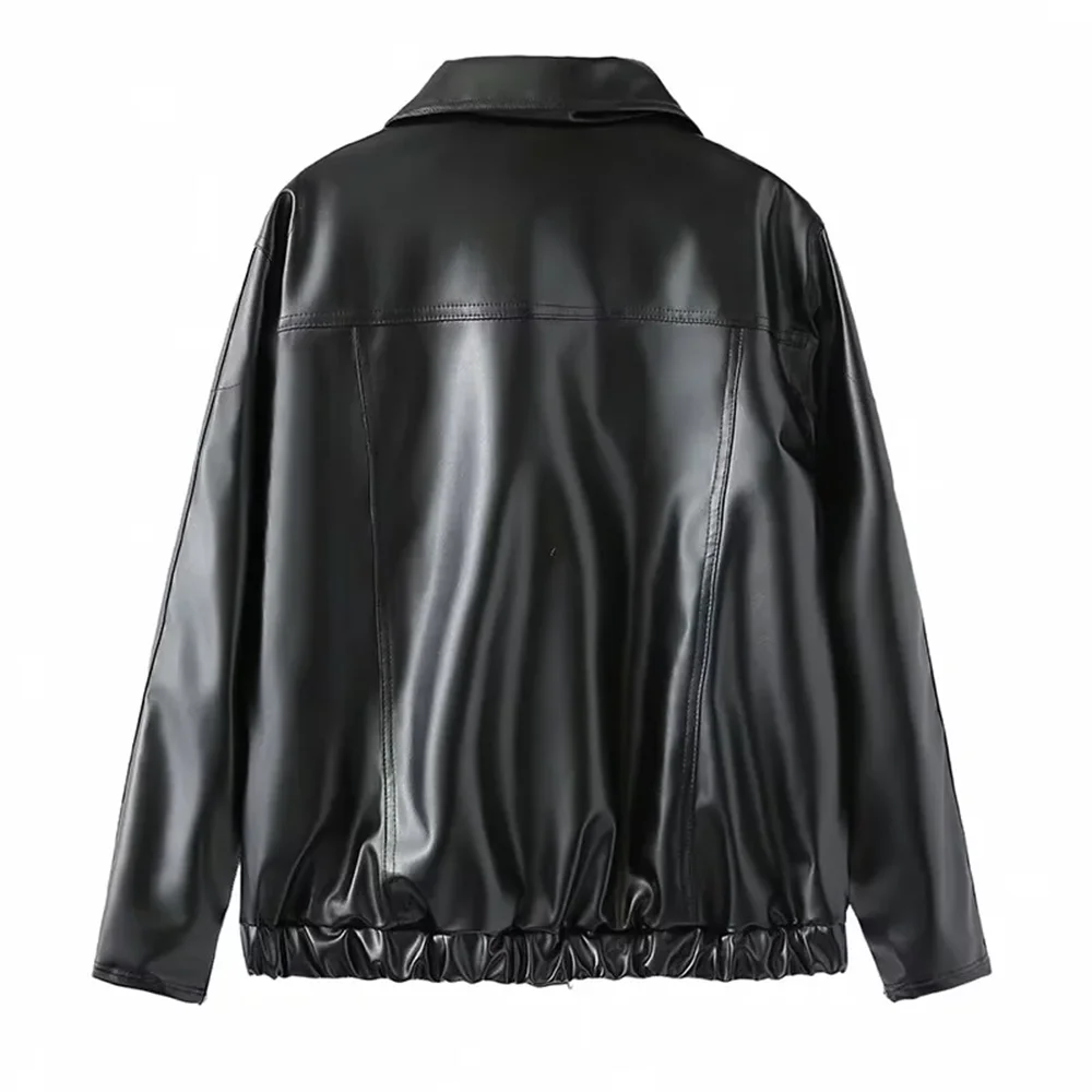 Kar&Otza Women\'s 2024 new retro French fashion design with a sweet and cool bow black leather jacket