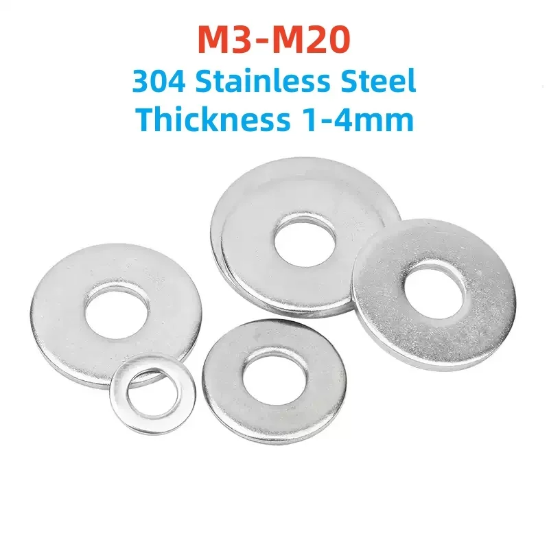 M3 M4 M5 M6 M8 M10-M20 304 Stainless Steel Flat Washer Metal Gasket Standard Increase Thickened Meson Washer Thickness 1-4mm