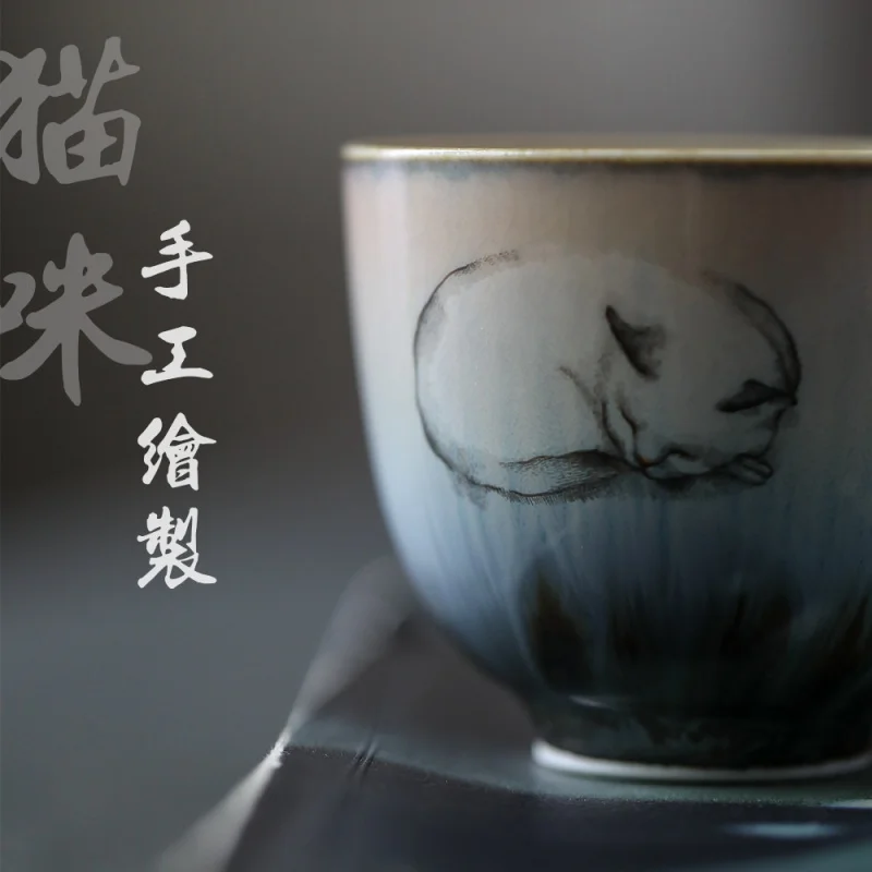 ★Jingdezhen Kiln Baked Hand-Painted Cat Kombucha Master Cup Single Cup Female Handmade Tea Cup Single Large Tea Set