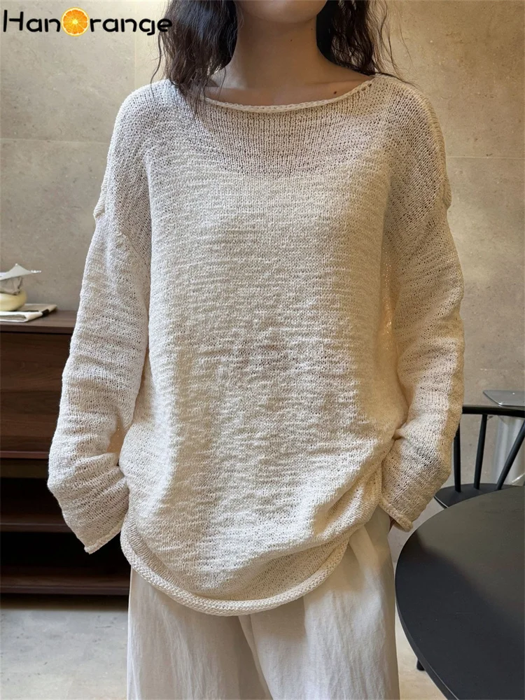 

HanOrange 2025 Spring Lazy Collarless Curled Edge Shaped Sweater Women Lightweight Texture Knitting Top Pink/White