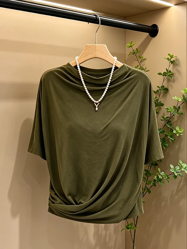 

Summer New Women's Fashion Personality Commute Short Sleeve T-shirt Large Size Knot Design Sense Swing Collar Top