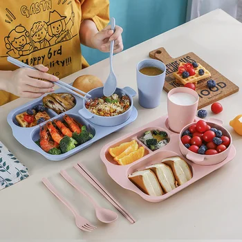 친환경 밀짚 식기 세트, 어린이 접시 그릇 세트, 어린이 식기 세트, 단색, 6 개