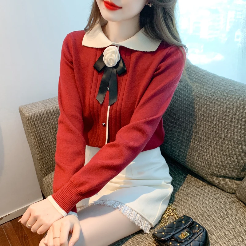 

Cute Korean Sweater Women Peter Pan Collar Flower Big Bowknot Knitted Sweaters Female Clothing Sweet Pullovers Tops Jumpers Pull