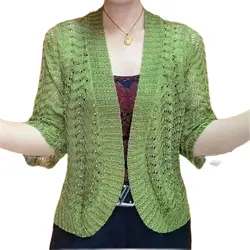 Spring Summer New Ice Silk Knit Cardigan Middle-Aged Elderly Mothers With Beading Joker Solid Color Shawl Hollow Sunscreen Coat