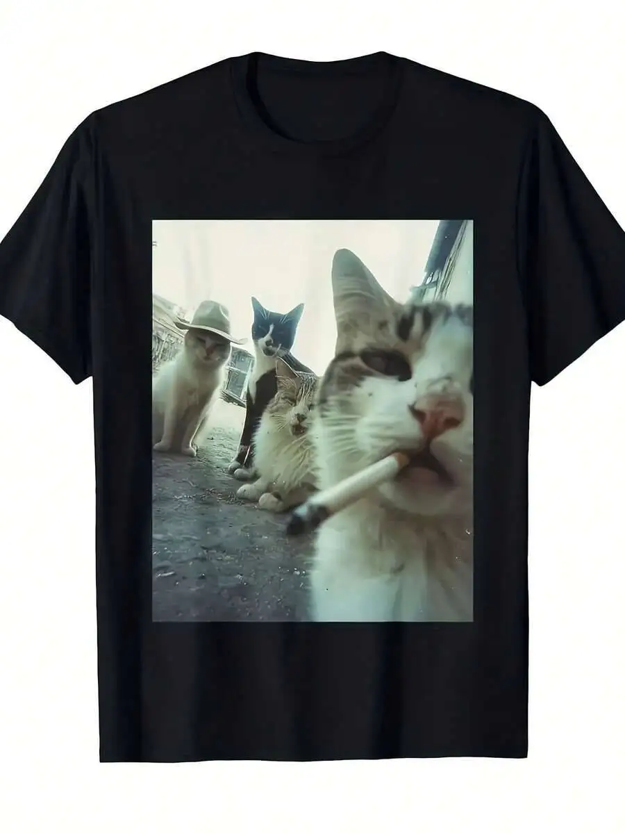 Retro Smokin Cat Graphic T-Shirt - Loose Fit Short Sleeve Crewneck, Black Geometric Print, Machine Washable, All-Season Novelty