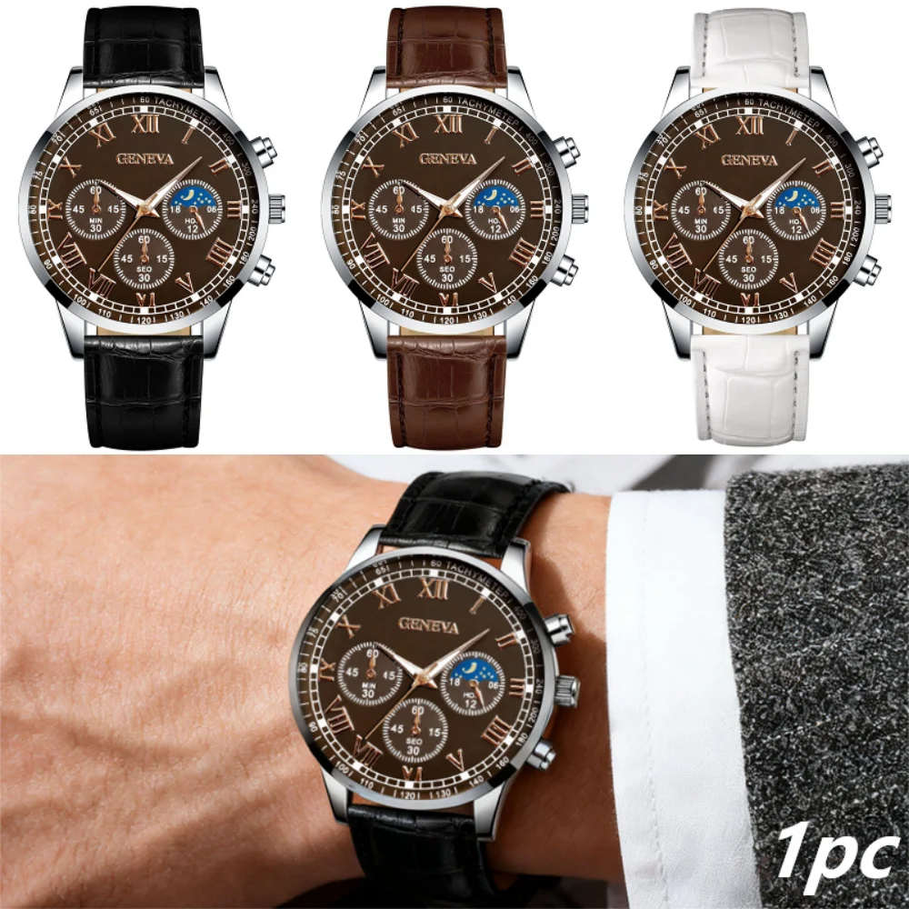 1PC Fashionable Unisex Leather Belt Quartz Watch Multiple Colors Available Suitable for Various Occasions Wear