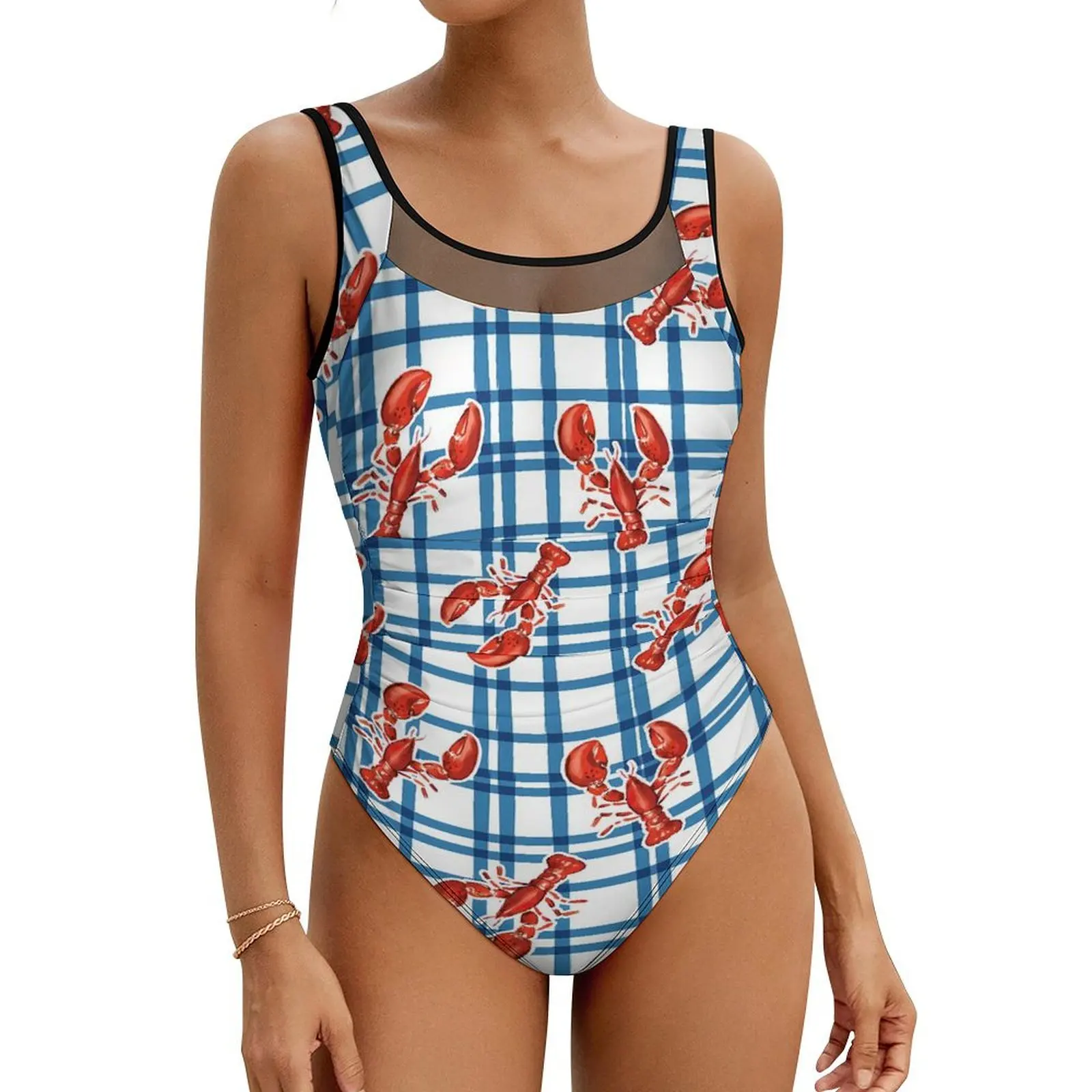 

Love of Lobsters Swimsuit Blue Plaid One-Piece Swimwear Push Up Novelty Bathing Suits Sexy Sport Graphic Swimsuits