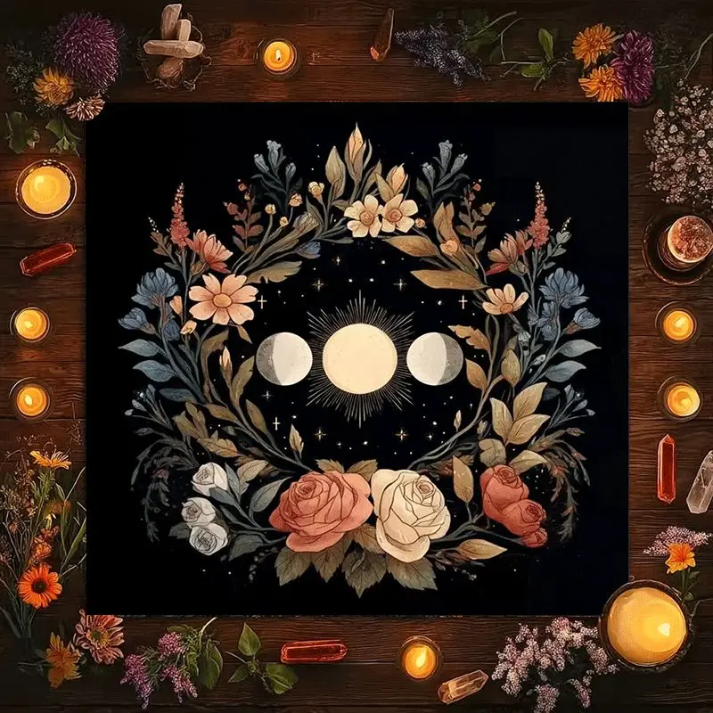 Boho Celestial Floral Wreath Wall Art Tapestry Bohemian Moon Sun Flower Decor for Nursery Bedroom Boho Chic Home