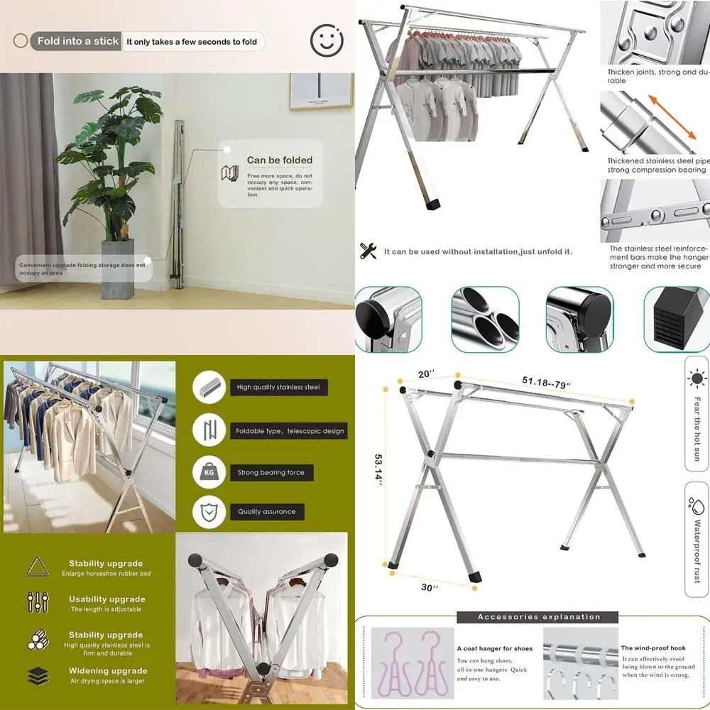 

Foldable Stainless Steel Laundry Drying Rack, 79 Outdoor/Indoor Hanger for Pool Towels and Clothing