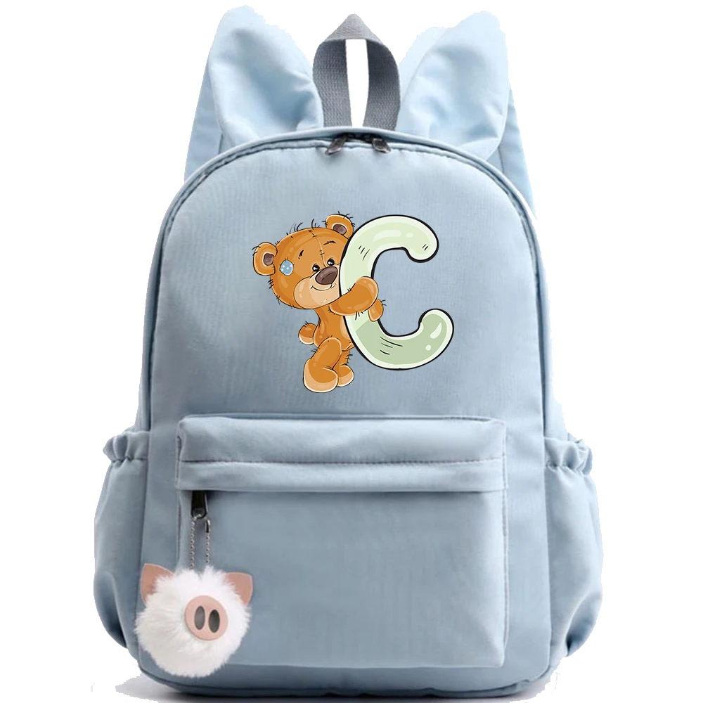 Little Bear 26 English Letters Backpack Printed School Bag for Teenager Kid Boy Girl Student Cartoon Bookbag Outdoor Rucksack