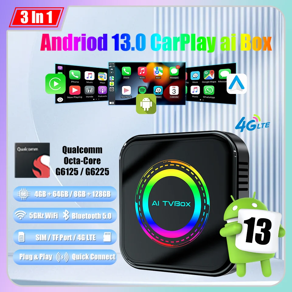 

New Android 13 CarPlay Ai Box LED 8 Core QCM 6125 6225 128G Android Auto & Apple CarPlay 3In1 Car Smart Adapter 5GHz Wifi BT5.0