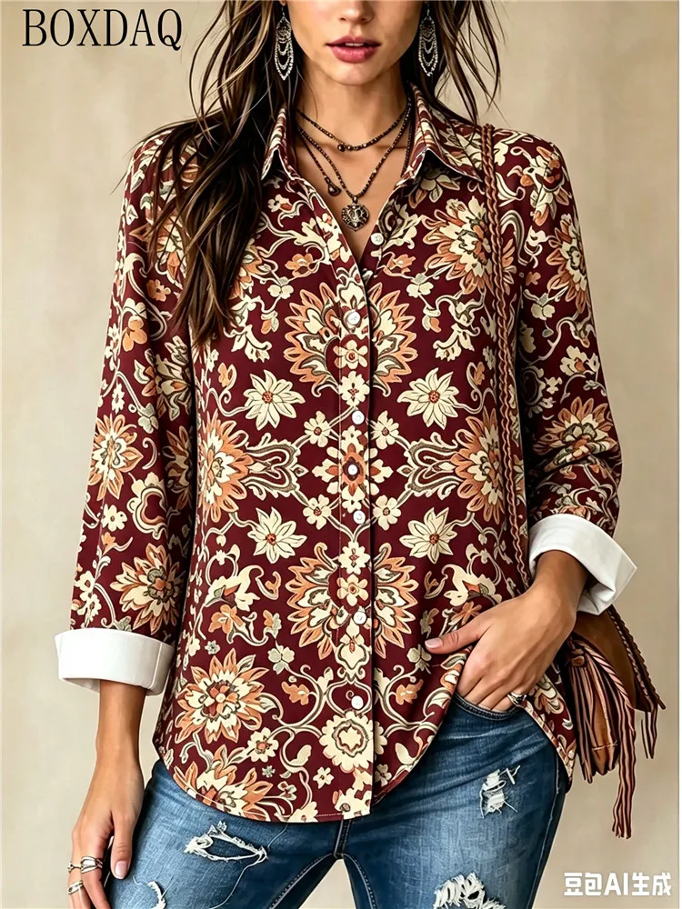 2026 New Autumn Women's Blouse Casual Long Sleeved Lapel Button Ethnic Style Printed Loose Shirts