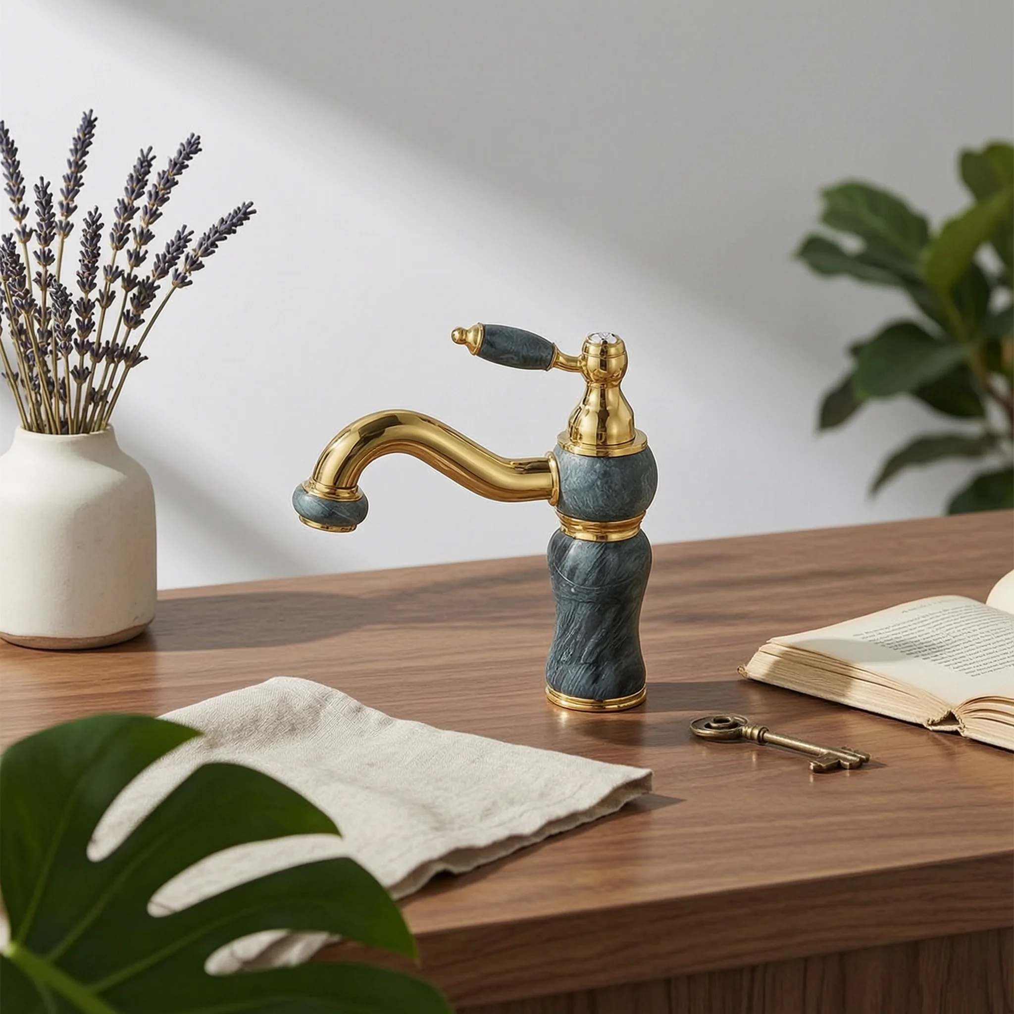 Faucet with Rotating Outlet Marble Textured Gooseneck Faucet Basin Tap Retro 360 Degree Rotation for Bathroom, Powder Room
