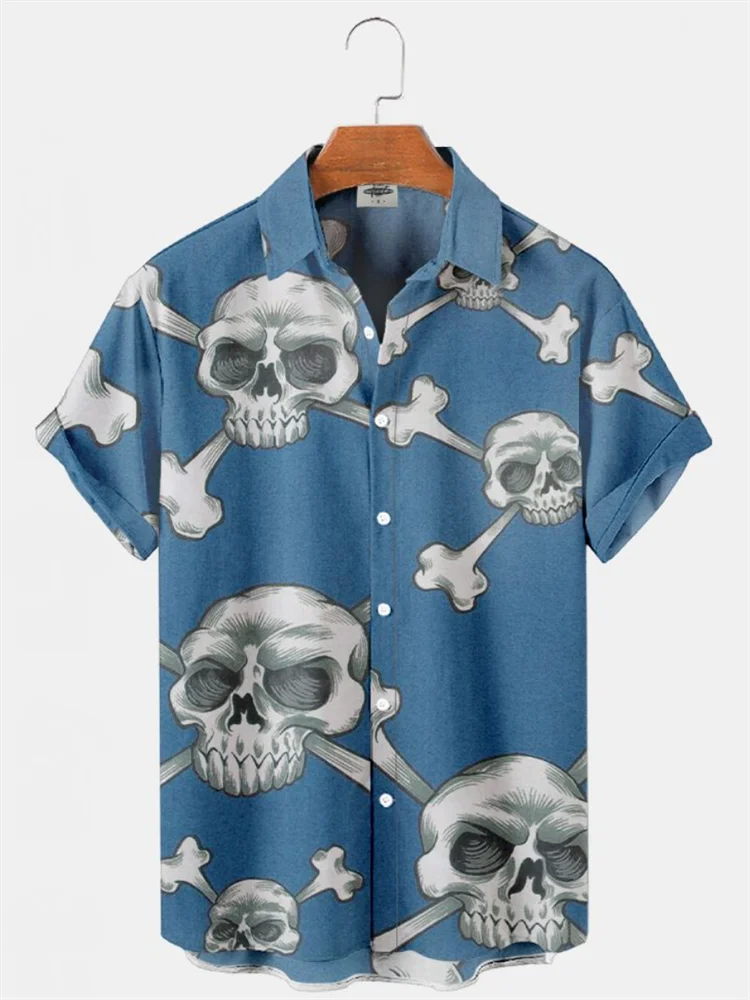 Summer Men's Hawaiian Beach Casual Shirts Skull 3D Printed Short Sleeves Lapel Style Retro Fashion Floral Imported Clothing