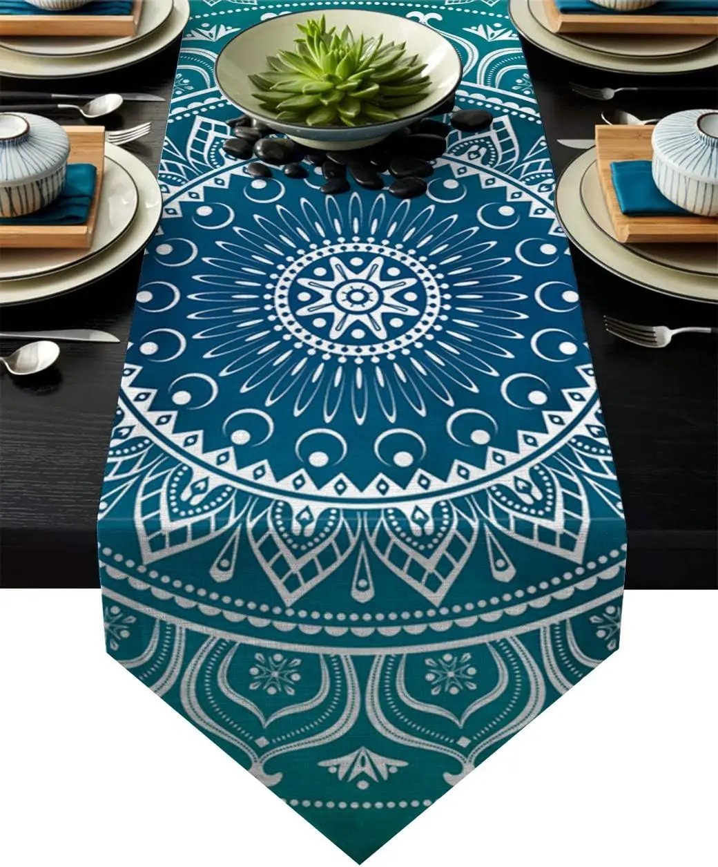 Retro Teal Mandala Flowers Linen Table Runner Dresser Scarves Farmhouse Kitchen Dining Table Runner Holiday Party Decorations