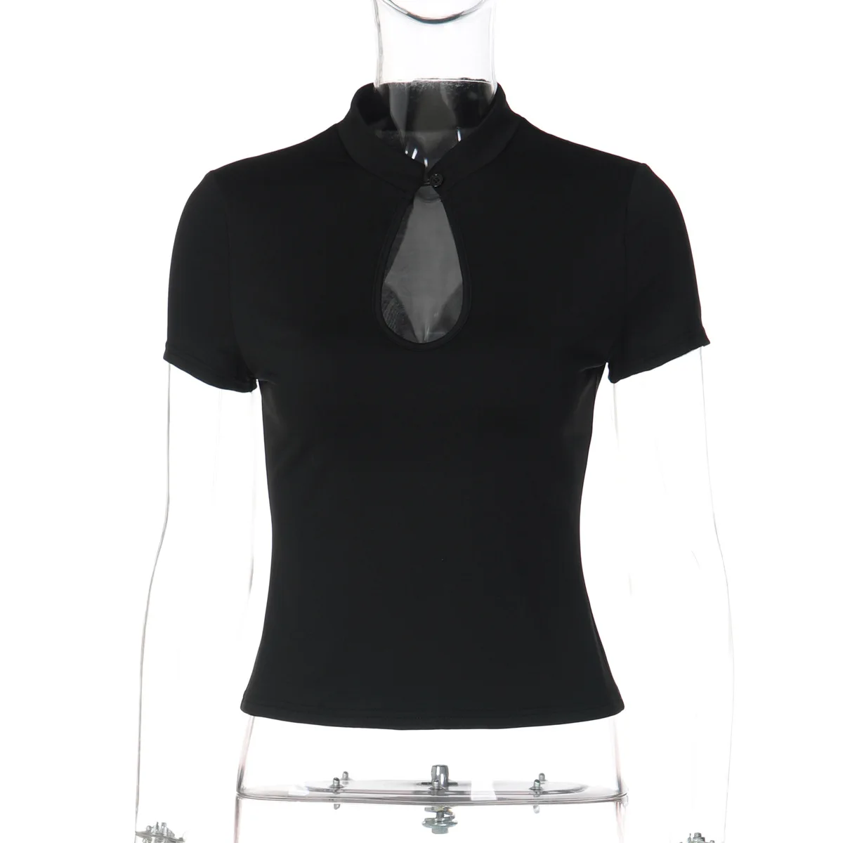 FDYOUI Mode Stand Kraag Knop Hollow Out T-shirt voor Vrouwen 2026 Sexy Korte Mouw Slim Cropped T-shirts Zwart Wijn rode Tops