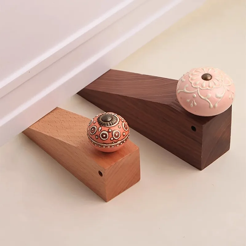 

1PC Retro Solid Wood Door Stops Hand-painted Ceramic Door Stopper Walnut Wood Under Door Draft Stopper Hotel Anti-theft Tools