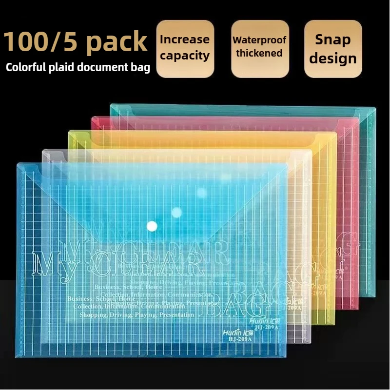 

100/5 PCS A4 Plastic Transparent Documents Filing Storage Bag File Bag Information Pocket Folders Stationery School Supplies