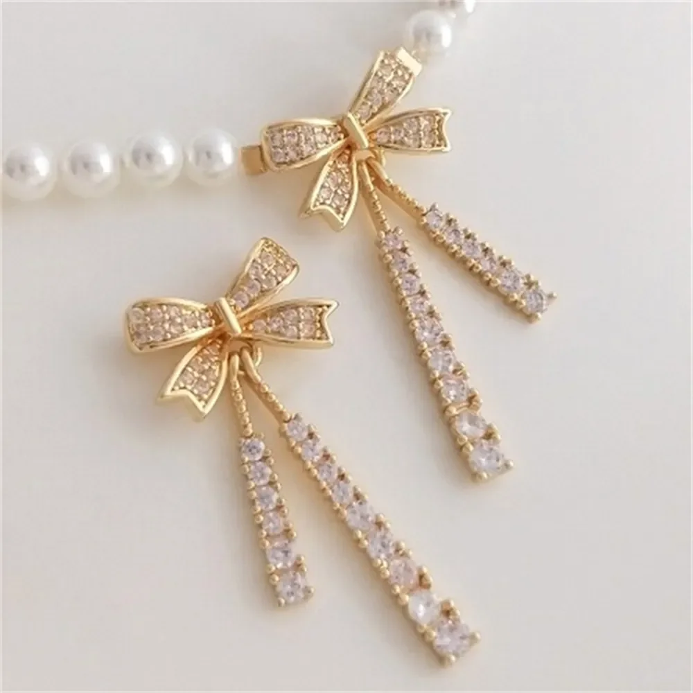 14K Gold Micro Set Zircon Bow Tassel Necklace Pendant DIY Pendant Headpiece Charms Pendant K396