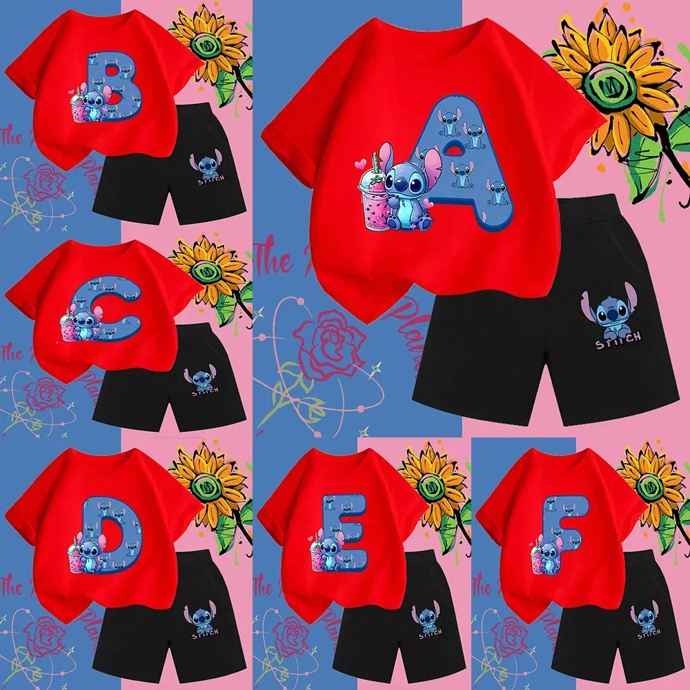 

Летний комплект футболок Disney Stitch для детей, кавайный мультяшный принт, 26 букв, Az, детская одежда, подарок на день рождения для мальчиков и девочек