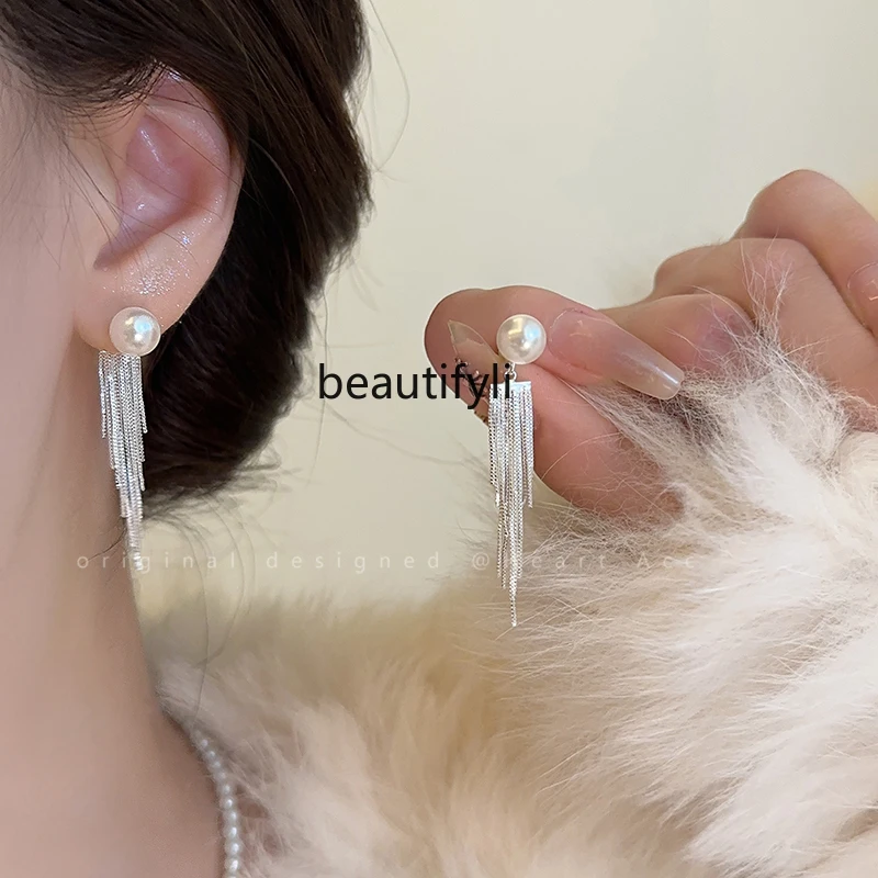 Pearl tassel temperament stud  women's new high-end earrings light luxury niche design earrings earrings