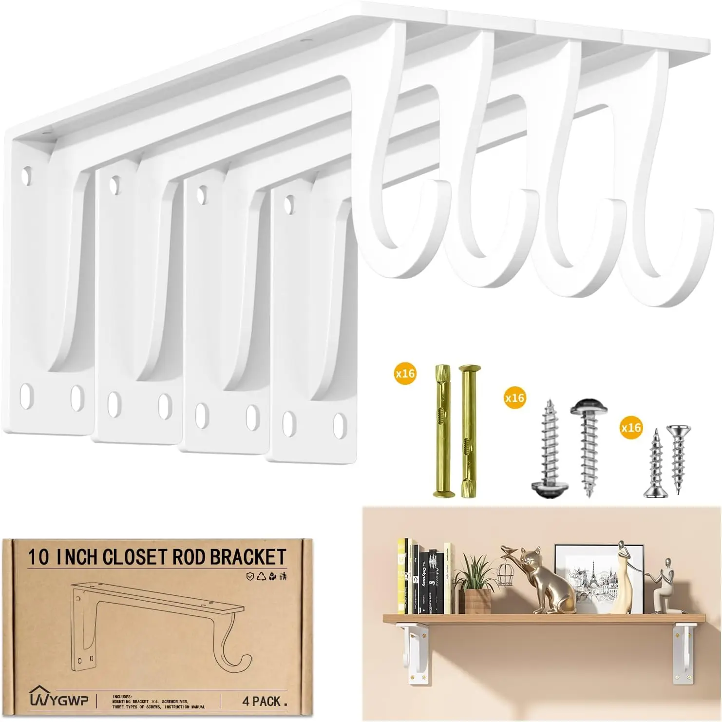 

Кронштейны для штанги в шкафу 10 дюймов, усиленные, с крючками, настенные кронштейны для полок для гардероба и шкафа (4 шт., белые)