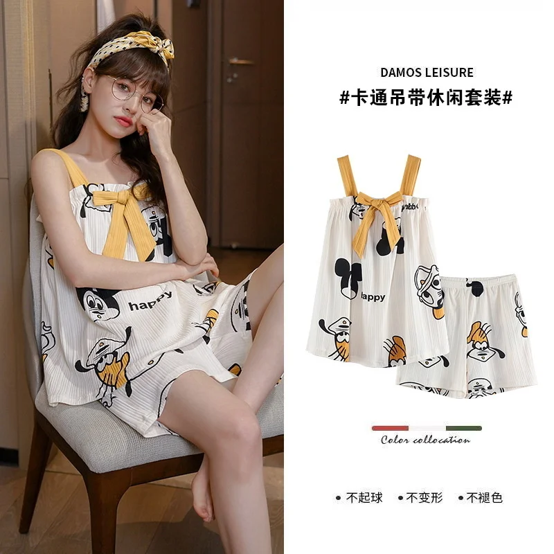 summer pajamas women's suspender vest shorts pure cotton thin  spring and autumn sweet and lovely cartoon women's home clothes