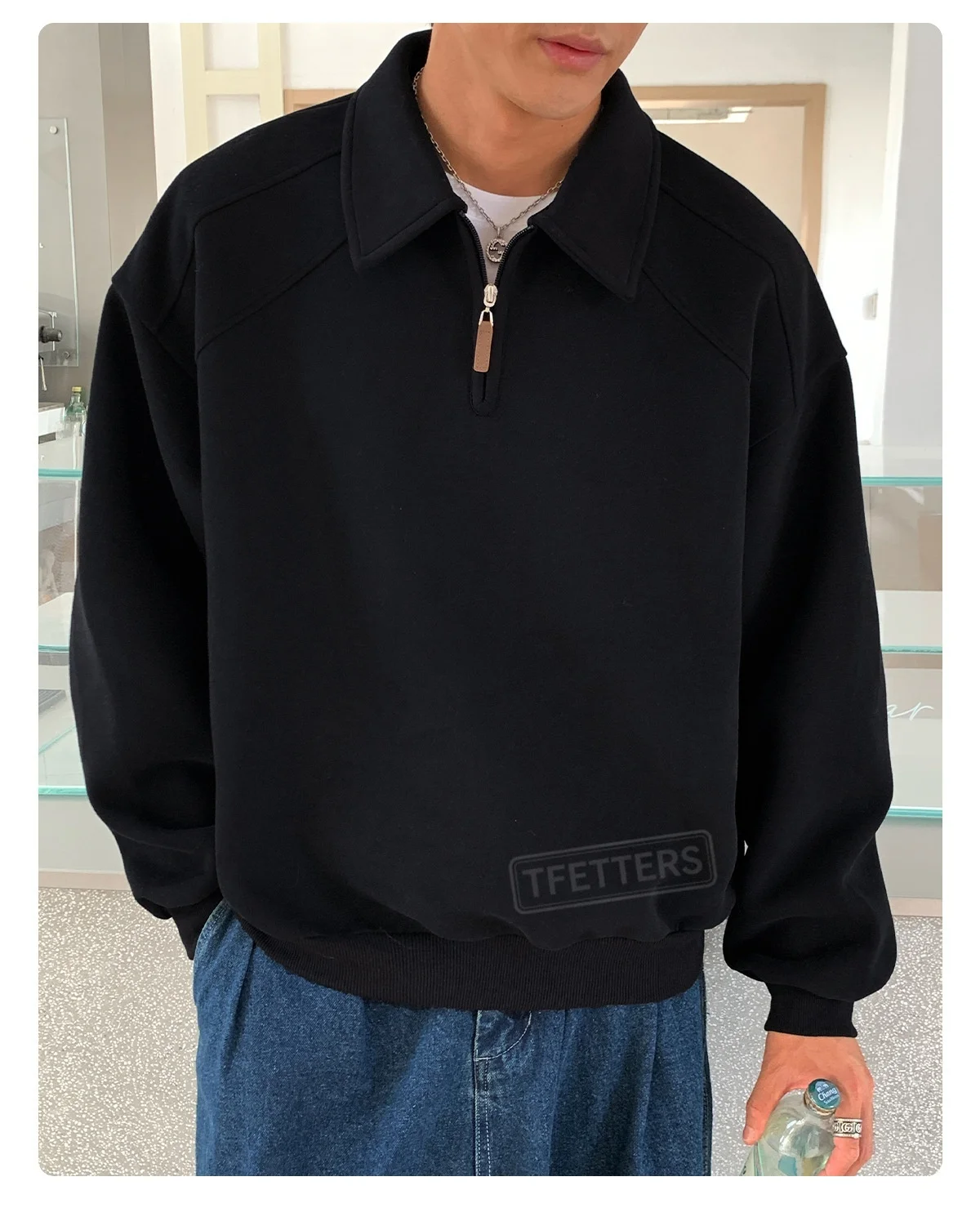 TFETTERS Eu Size 2026 Men Half Zip Collared Sweatshirt Autumn Heather Gray Pullover Loose Fit Casual Daily Long Sleeve Sweat Top