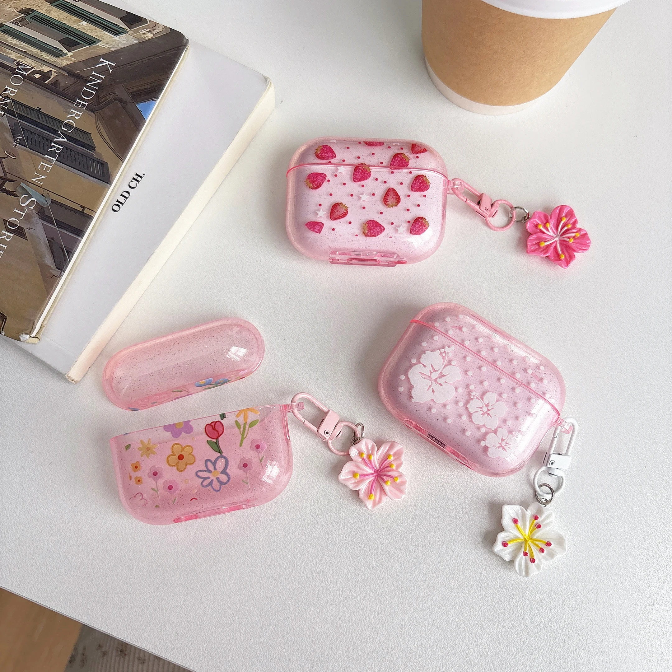 Shiny Strawberry Laser Pink Flowers For Earphone Case Wireless Bluetooth Charging Box For Apple airpods 4 1 2 Pro 3 2nd Cover