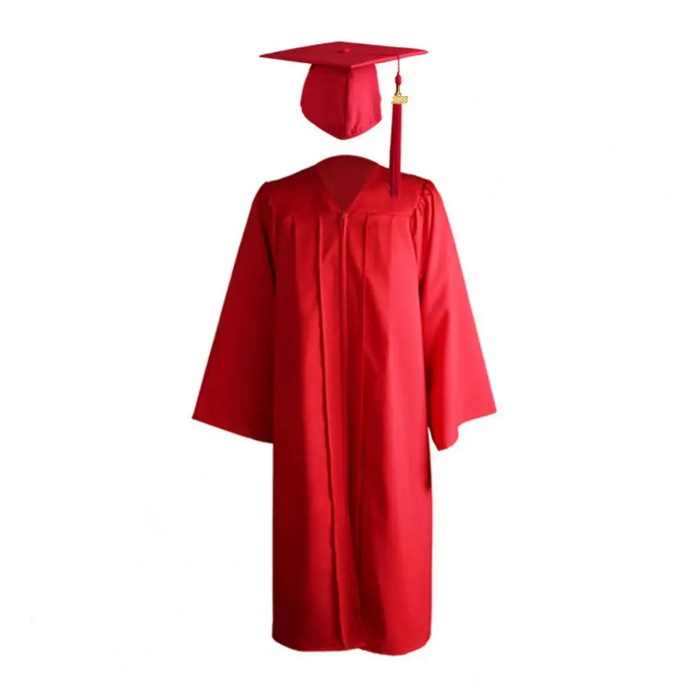 Robe académique de lycée avec pompon et fermeture éclair, col en V, costume de graduation, robe de célibataire, chapeau étudiant, 2023