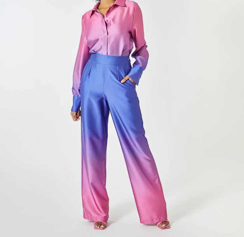 

New Fashion Casual Long Sleeve Turn-down Collar Single Breasted Printed Slim Fit Shirt+ High Waisted Wide Leg Pants Set For Wome