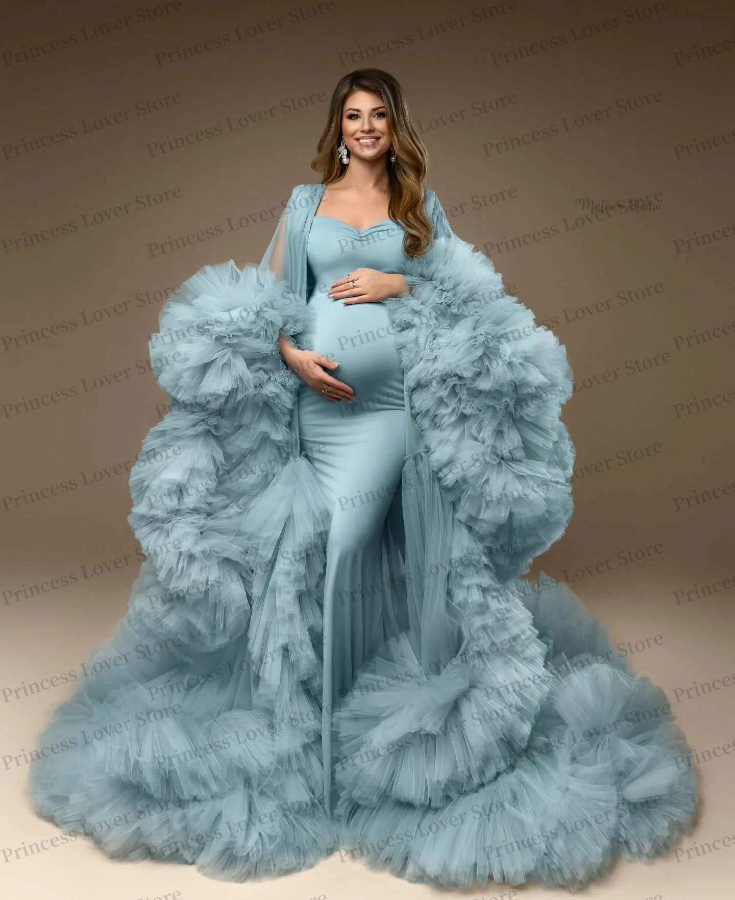 2 Pcs Blue Prom Dresses 2026 Tulle Ruffles Maternity Photoshoot Dress Plus Size Stretchy Baby Shower Gown Customized