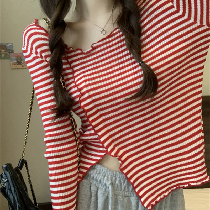 O-neck T-shirt Women Striped Irregular Striped Basic Long-sleeve Slim Wave Cut Korean-style All-match Pullover Trendy Leisure