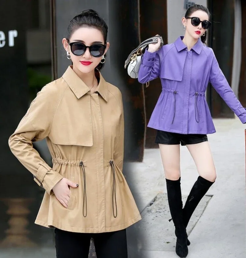 M-4XL New Women Sheepskin Trench Coat Spring Autumn Fashion Turn Down Collar Long-sleeve Drawstring Loose Leather Jacket Female