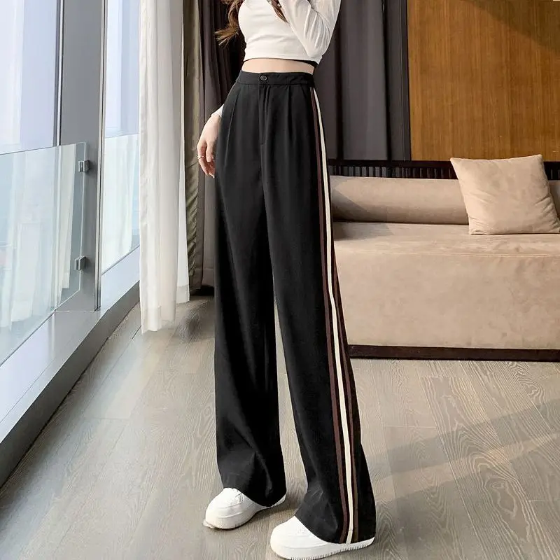 Side Stripe Button Pockets Zipper Solid Color Fashion Pants Loose Temperament Simplicity Spring Autumn Thin Women's Clothing