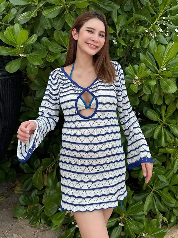 Casual Stripe Patchwork Women Knitted Mini Dress Chic V-neck Hollow Out Long Sleeve Short Dresses Summer Lady Beach Holiday Robe