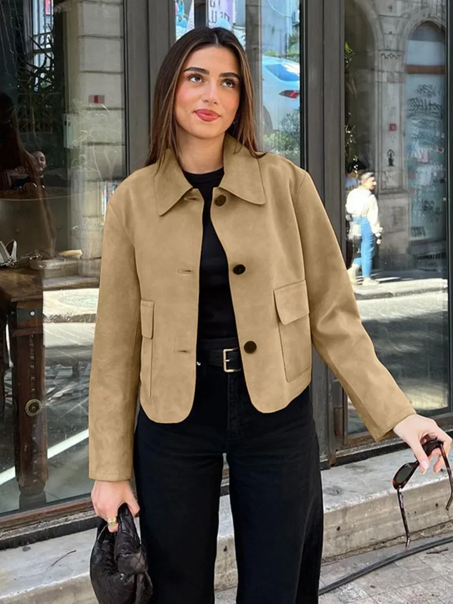 

Fashionable Brown Suede Jacket Women's Commuter Versatile Turn-down Collar Jacket Top Women's Wear Autumn 2025 Elegant Commut...