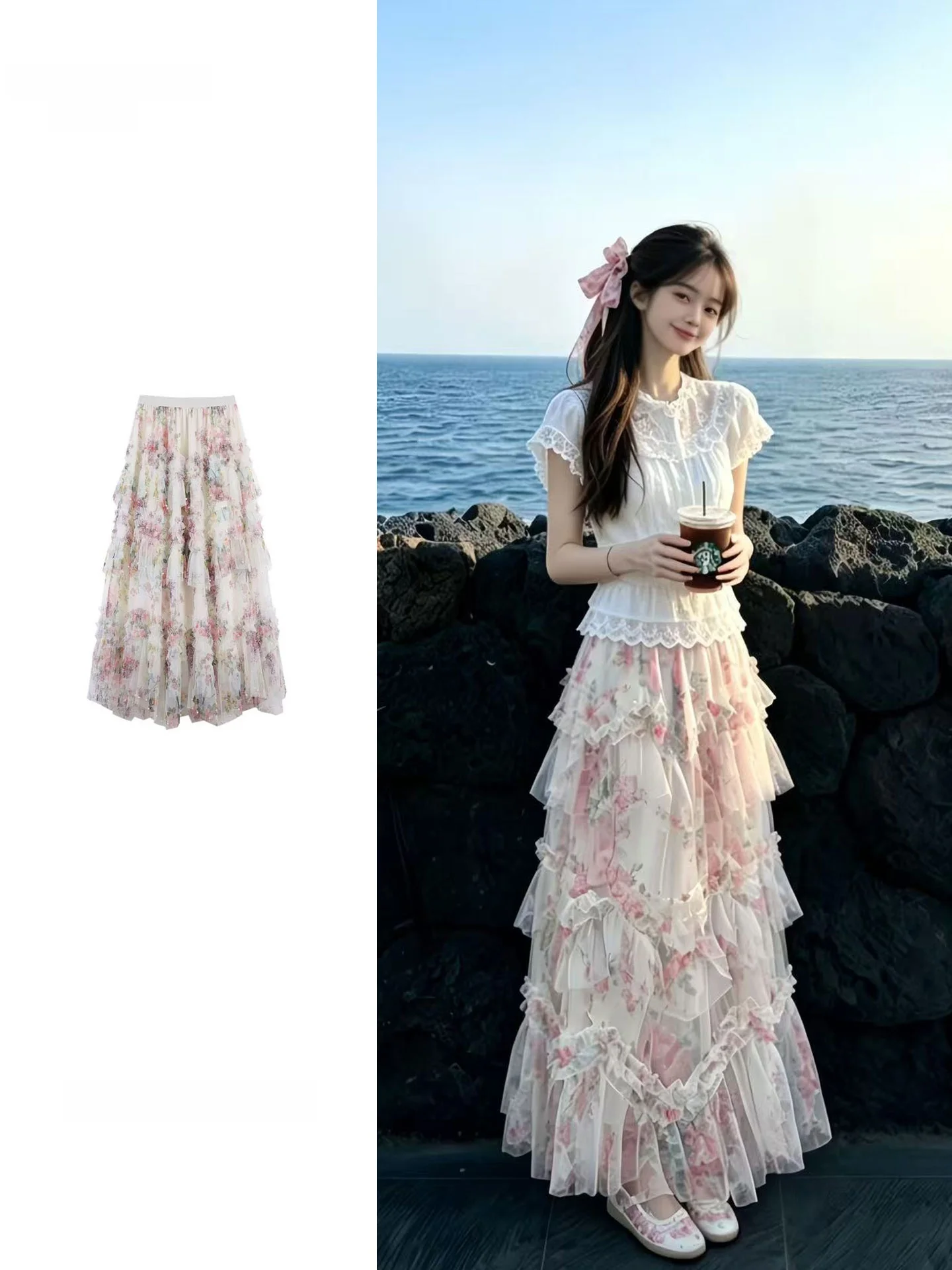 Floral Lace Half Skirt High Waist Midi Women's Summer New Style TINIKENG Elastic Spring Season Floral Print Two-Piece Set