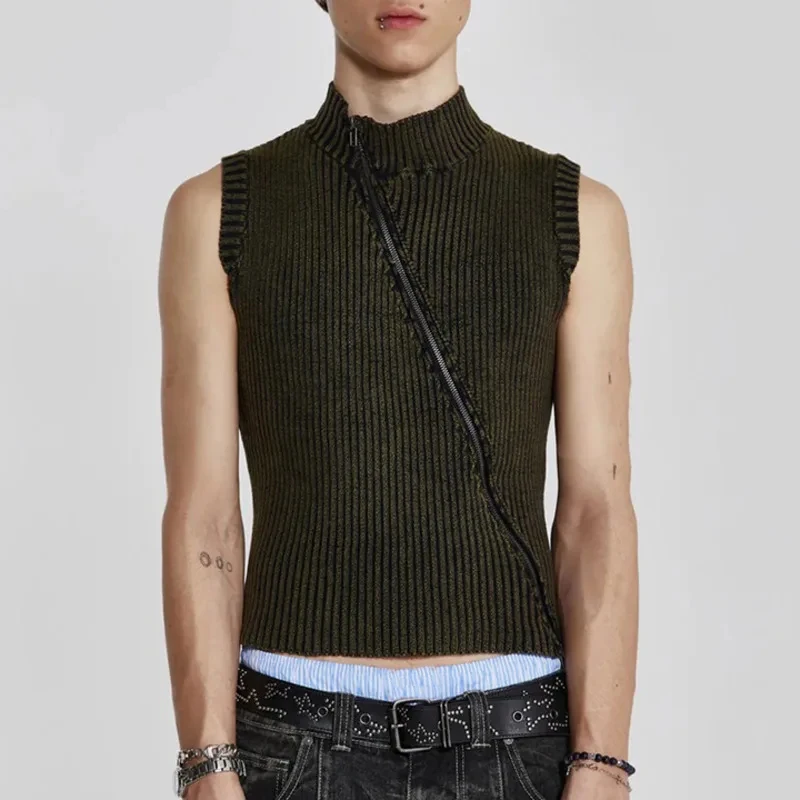 PFNW Streetwear Men Knitted Vest Pullovers New Men\'s Turtleneck Sleeveless Top Sweater Zipper Tie-dye Clothing 2023 Autumn C3482